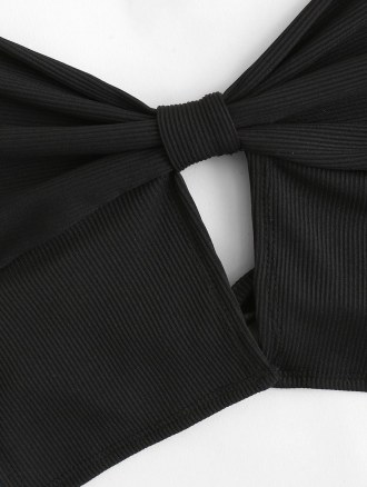 Halter Ribbed Bowknot Top And Cut Out Skirt Set