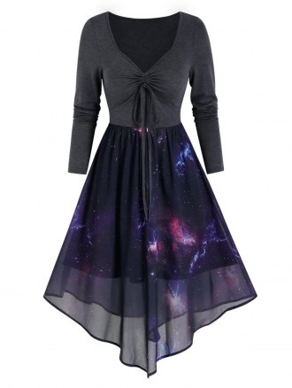 High Waist Starry Print Overlay Mesh Dress