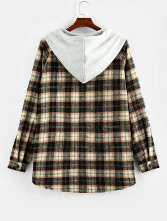 Hooded Plaid Print Double Pockets High Low Shirt