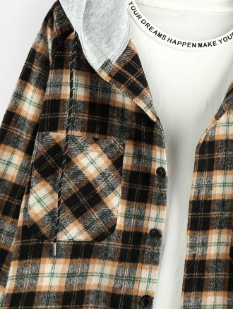 Hooded Plaid Print Double Pockets High Low Shirt