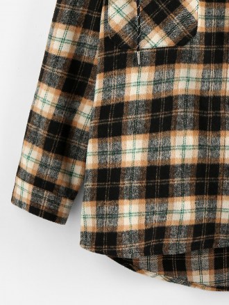 Hooded Plaid Print Double Pockets High Low Shirt