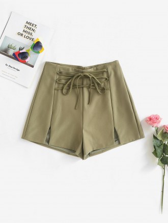 Lace Up Zipper Solid Color Shorts