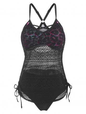 Leopard Panel Lace Cinched Ruched Double Up Tankini Swimwear