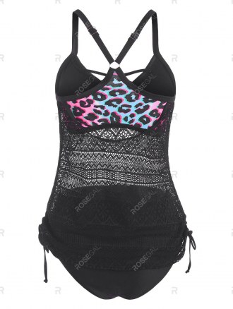 Leopard Panel Lace Cinched Ruched Double Up Tankini Swimwear