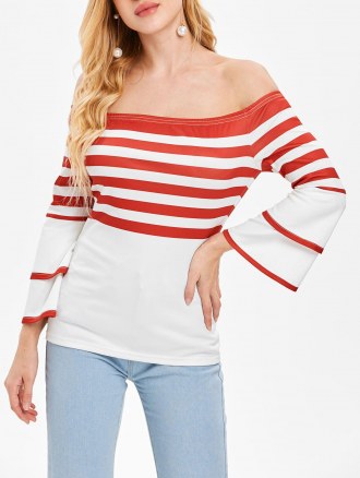 Long Sleeve Bare Shoulder Striped T-shirt