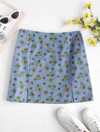 M-slit Sunflower Print Denim Skirt