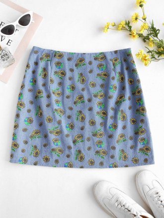 M-slit Sunflower Print Denim Skirt