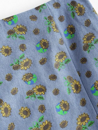 M-slit Sunflower Print Denim Skirt