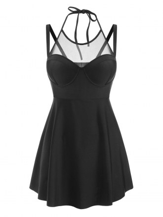 Mesh Insert Push Up Skirted Tankini Swimwear