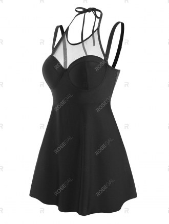 Mesh Insert Push Up Skirted Tankini Swimwear