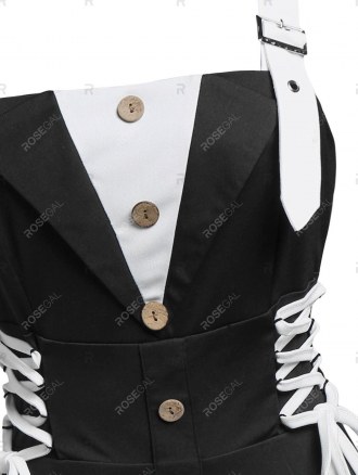 Mock Button Buckle Strap Lace-up Twofer Dress