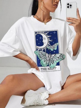 Moon Star Butterfly Print Drop Shoulder T Shirt