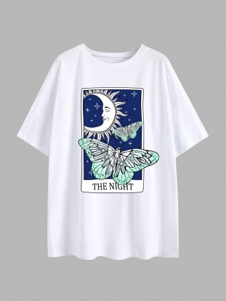 Moon Star Butterfly Print Drop Shoulder T Shirt