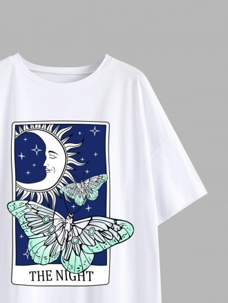 Moon Star Butterfly Print Drop Shoulder T Shirt