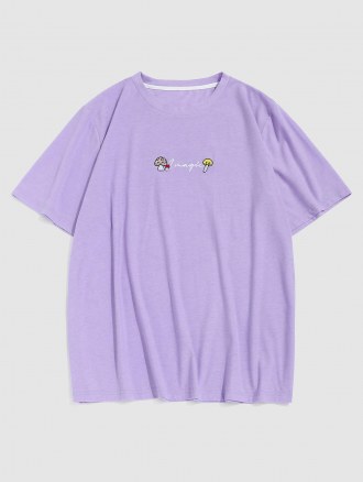 Mushroom Letter Embroidery Short Sleeve T-shirt