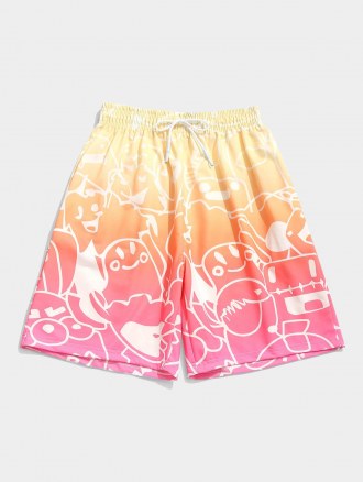 Ombre Cartoon Figure Pastel Drawstring Shorts