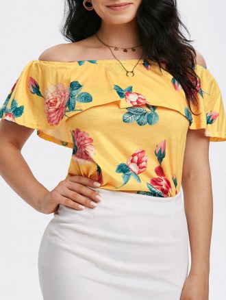 Overlay Flounces Off Shoulder Floral Top