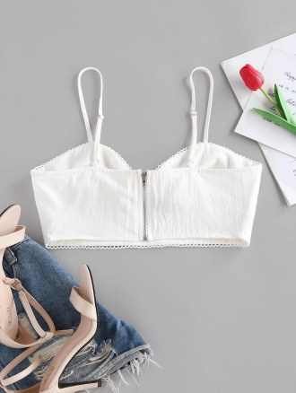 Picot Trim Knot Zipper Crop Cami Top