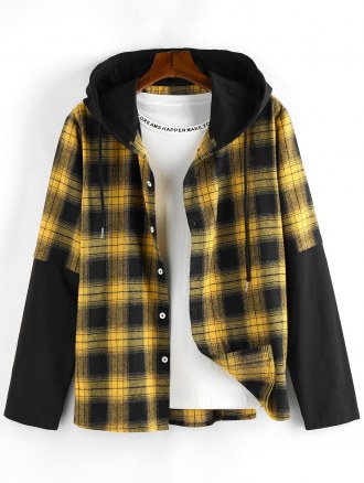 Plaid Colorblock Spliced Hooded Shirt