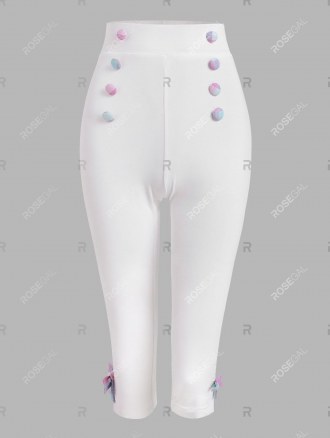 Plaid Insert Bowknot Mock Button Slit Crop Leggings