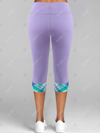 Plaid Insert Mock Button Crop Leggings