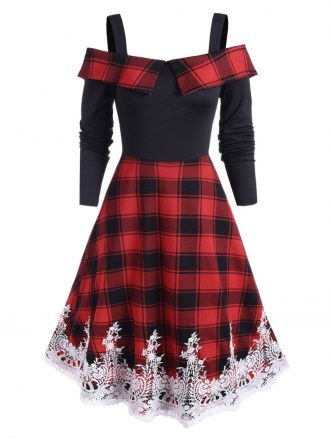 Plaid Print Cold Shoulder Lace Panel A Line Dress
