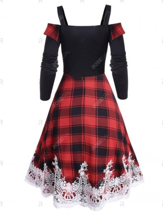Plaid Print Cold Shoulder Lace Panel A Line Dress