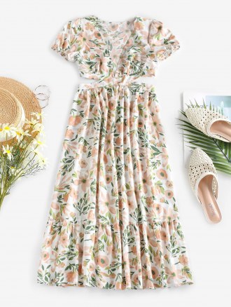 Puff Sleeve Flower Cutout Flounce Midi Dress