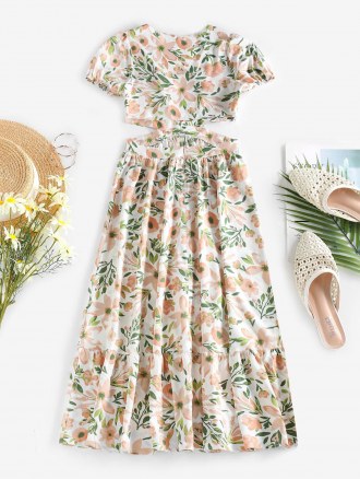 Puff Sleeve Flower Cutout Flounce Midi Dress