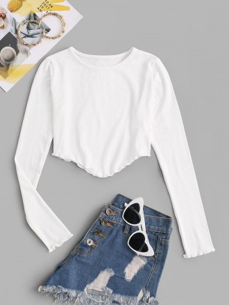 Rib-knit Lettuce Trim Pointed Hem Crop Top