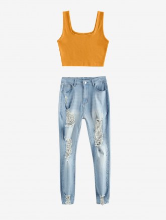 Ribbed Cropped Tank Top And Shredded Distressed Light Wash Skinny Jeans Set