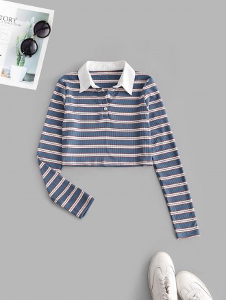 Ribbed Stripes Half Buttoned Cropped Tee