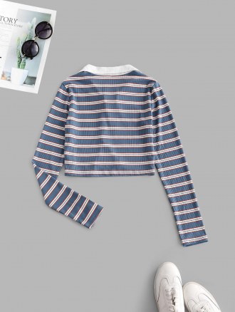 Ribbed Stripes Half Buttoned Cropped Tee