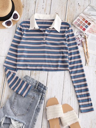 Ribbed Stripes Half Buttoned Cropped Tee