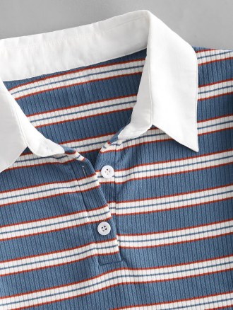 Ribbed Stripes Half Buttoned Cropped Tee