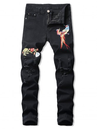 Ripped Floral Bird Embroidery Destroy Wash Long Jeans