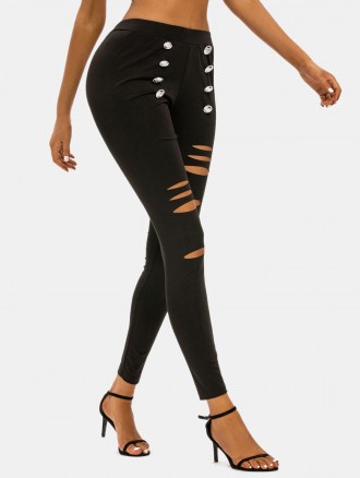 Ripped Sailor Button High Rise Skinny Pants