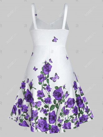 Rose Flower Print High Waist A Line Dress