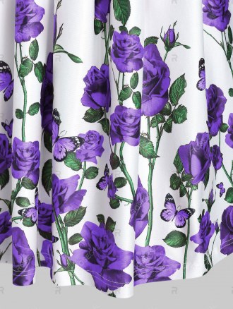 Rose Flower Print High Waist A Line Dress