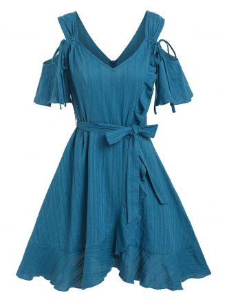 Ruffled Cold Shoulder Flounced Dress