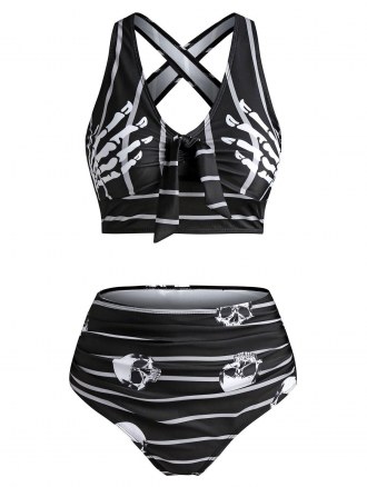 Skull Striped Print Knot Front Padded Tankini Set