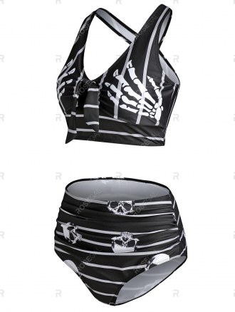 Skull Striped Print Knot Front Padded Tankini Set