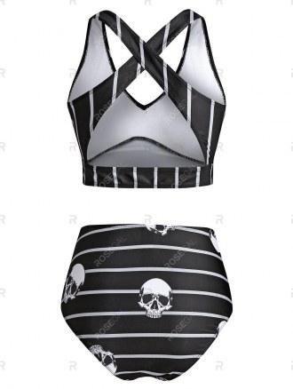 Skull Striped Print Knot Front Padded Tankini Set