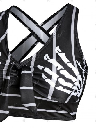 Skull Striped Print Knot Front Padded Tankini Set