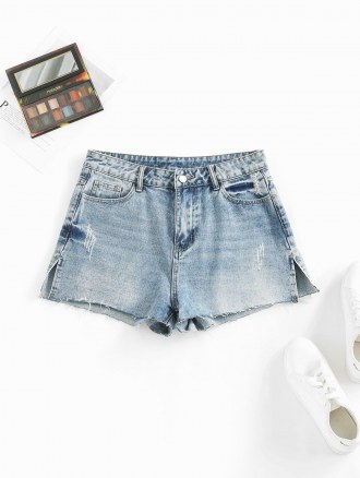 Slit Raw Hem Denim Shorts