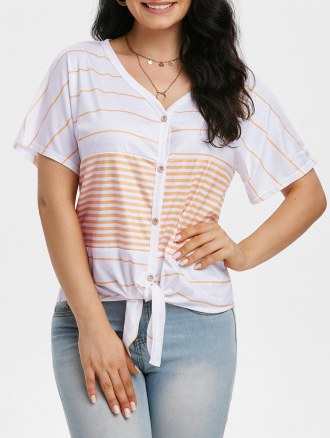 Striped Knotted Button Front Tunic Raglan Sleeve Tee