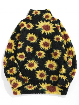 Sunflower Pattern Print Fuzzy Faux Fur Fluffy Jacket