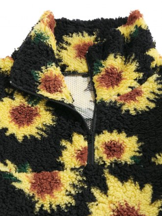Sunflower Pattern Print Fuzzy Faux Fur Fluffy Jacket