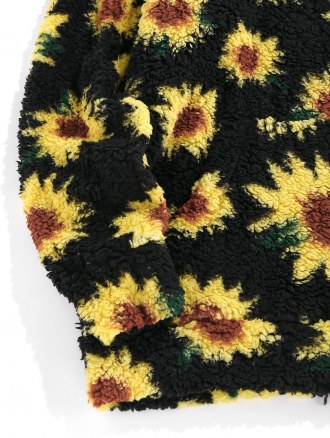 Sunflower Pattern Print Fuzzy Faux Fur Fluffy Jacket