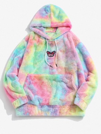 Tie Dye Pattern Butterfly Embroidered Fluffy Hoodie